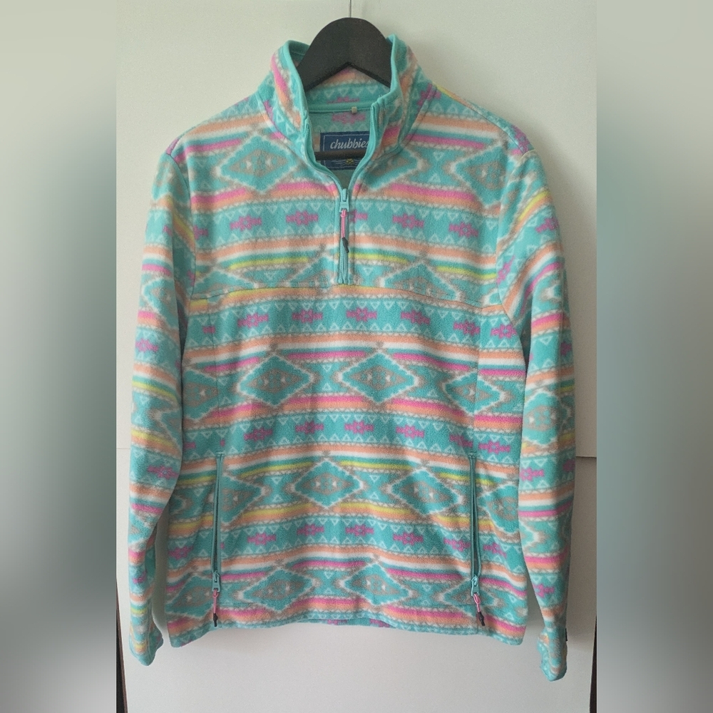 Chubbies The Flame Commander Fleece Quarter Zip Teal Geometric Aztec Medium - Picture 3 of 15